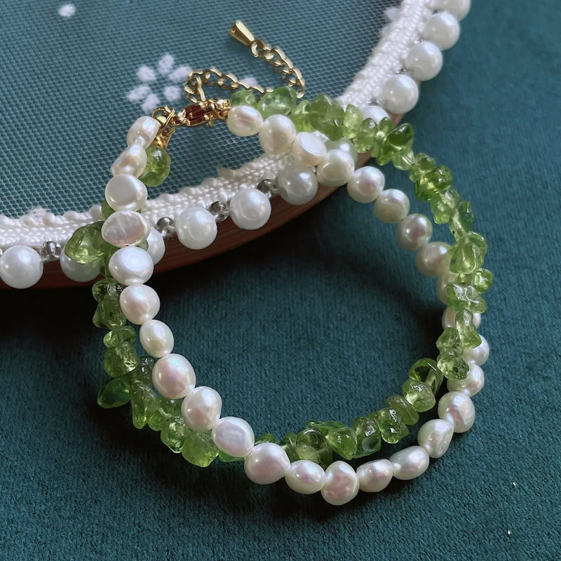 Baroque Pearl Bracelet Green Peridot Quartz Strand