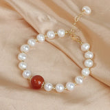 Freshwater Pearl Bracelet with Red Agate Charm