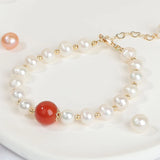 Freshwater Pearl Bracelet with Red Agate Charm