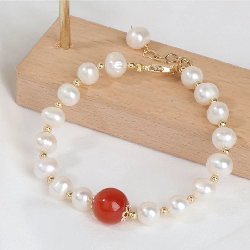 Freshwater Pearl Bracelet with Red Agate Charm