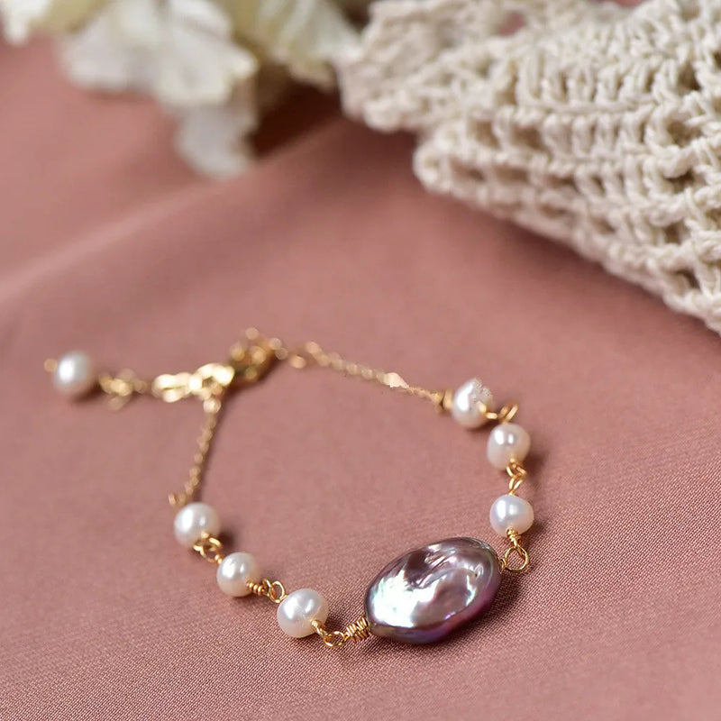 Purple Baroque Pearl Bracelet for Women, Adjustable Bangle