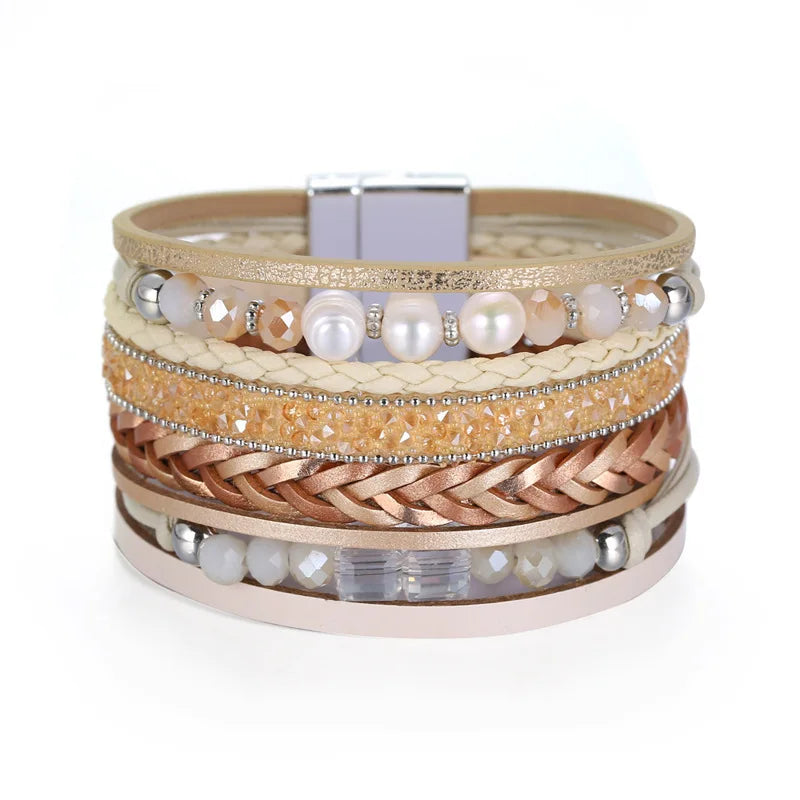 Bohemian Pearl Leather Bracelet Wide Wrap Charm Bangle Party Jewelry