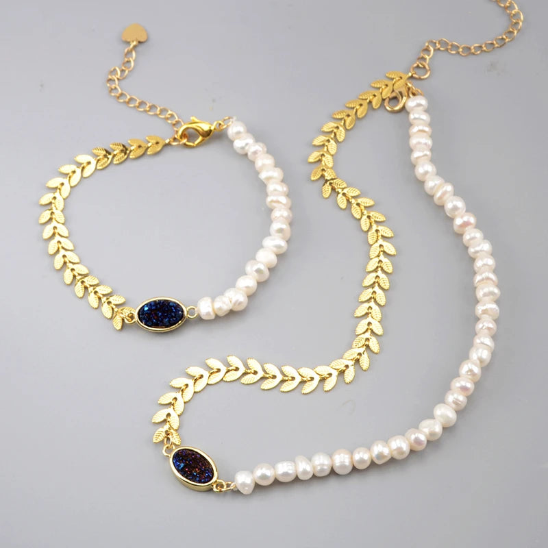Freshwater Pearl Agate Druzy Bracelet Necklace Set