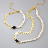 Freshwater Pearl Agate Druzy Bracelet Necklace Set