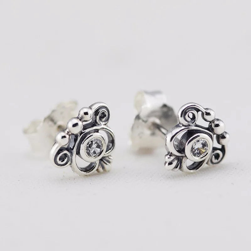 Heart Crown Stud Earrings Sterling Silver