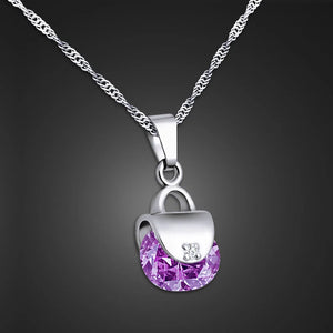 Purple Crystal 925 Silver Necklace Bag Pendant Choker High Jewelry Gift