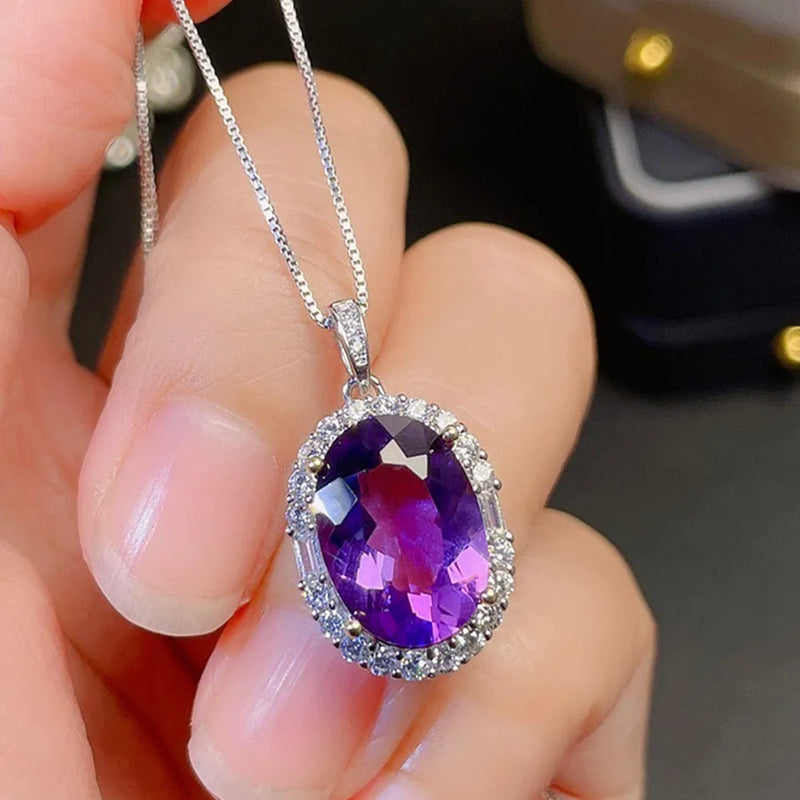 Purple Crystal Amethyst Diamonds Pendant Necklace Women 18k Silver Fine Jewelry