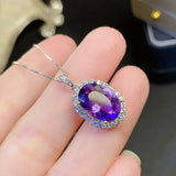 Purple Crystal Amethyst Diamonds Pendant Necklace Women 18k Silver Fine Jewelry