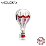Red Enamel Hot Air Ballon Charm Pendant 925 Silver Beads for DIY Jewelry
