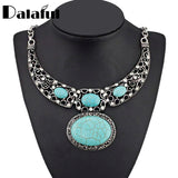 Vintage Carved Flower Crystal Pendant Necklace for Women