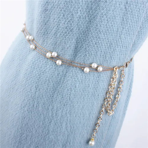 Retro Pearl Waist Belt for Women Metal Chain Corset Wedding Strap
