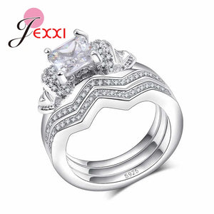 925 Silver Crystal Square Round Ring Set Bridal Wedding Accessory