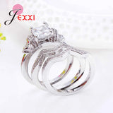 925 Silver Crystal Square Round Ring Set Bridal Wedding Accessory