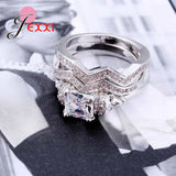 925 Silver Crystal Square Round Ring Set Bridal Wedding Accessory