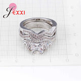 925 Silver Crystal Square Round Ring Set Bridal Wedding Accessory