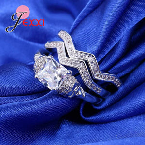925 Silver Crystal Square Round Ring Set Bridal Wedding Accessory