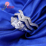 925 Silver Crystal Square Round Ring Set Bridal Wedding Accessory