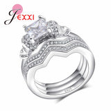925 Silver Crystal Square Round Ring Set Bridal Wedding Accessory