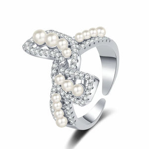 Romantic Bow Ring Pearl Zircon 925 Silver Jewelry