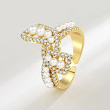 Romantic Bow Ring Pearl Zircon 925 Silver Jewelry