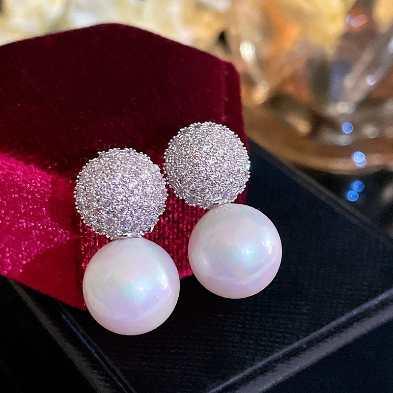 Romantic Pearl Stud Earrings Zirconia Crystal Jewelry Party Gift