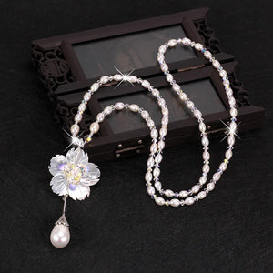 Shell Flower Pearl Sweater Chain Pendant Necklace Crystal Pearl Jewelry