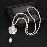 Shell Flower Pearl Sweater Chain Pendant Necklace Crystal Pearl Jewelry