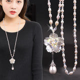 Shell Flower Pearl Sweater Chain Pendant Necklace Crystal Pearl Jewelry