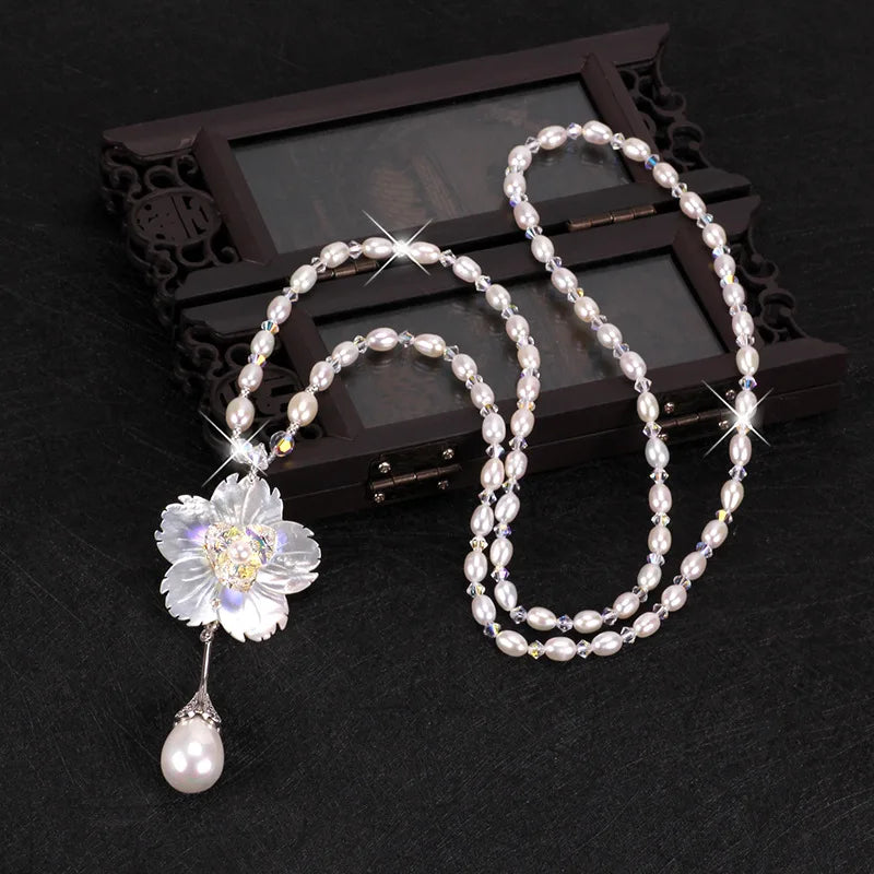 Shell Flower Pearl Sweater Chain Pendant Necklace Crystal Pearl Jewelry