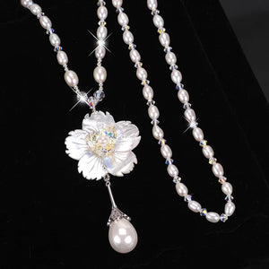 Shell Flower Pearl Sweater Chain Pendant Necklace Crystal Pearl Jewelry