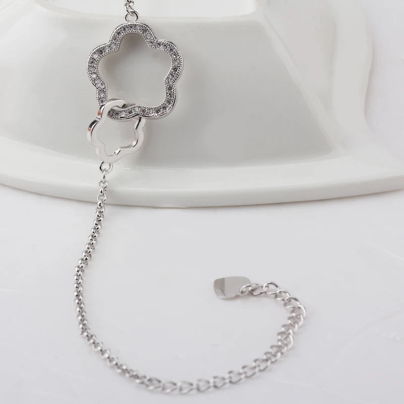 Silver Copper Metal Flower Bracelet with Clear CZ for Women