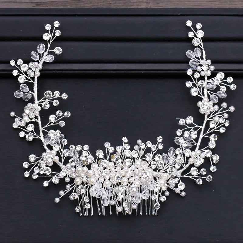 Silver Pearl Rhinestone Hair Jewelry Tiara Hair Comb