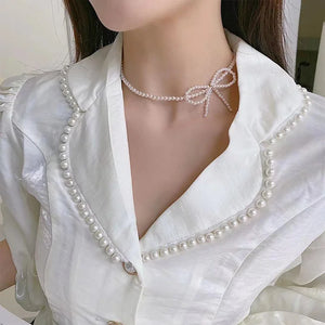 Simulated Pearl Bow Choker Necklace for Women
