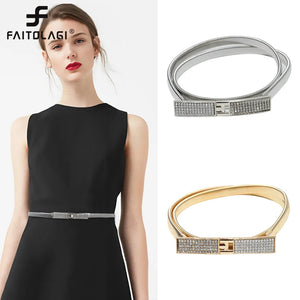 Square Rhinestone Chain Belt Silver Metal Thin Waistband Dress Decor