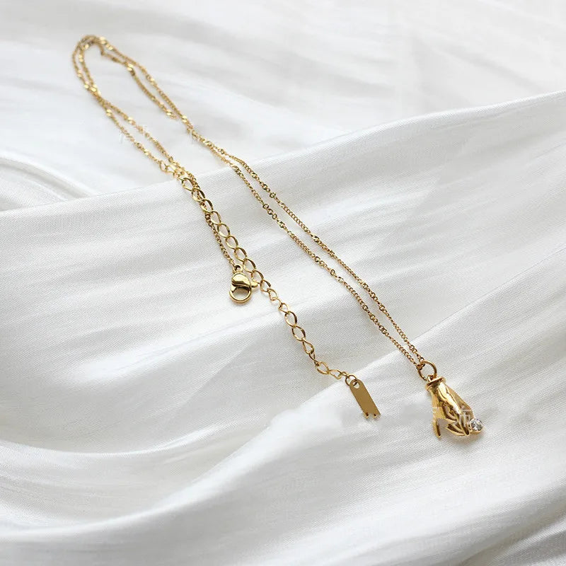 Stainless Steel Choker Hand Zircon Pendant 18k Plated Chain Necklace