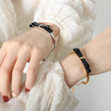 Golden Texture Leather Bow Bangle Bracelet for Women
