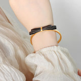 Golden Texture Leather Bow Bangle Bracelet for Women