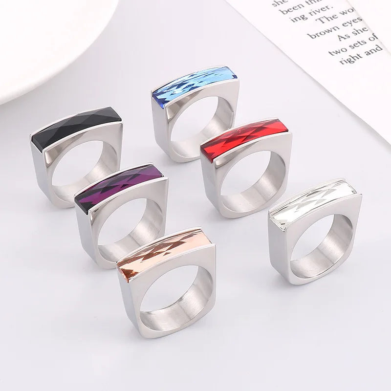 Stainless Steel Rings for Women Multicolor Crystal Glass Stone Finger Rings