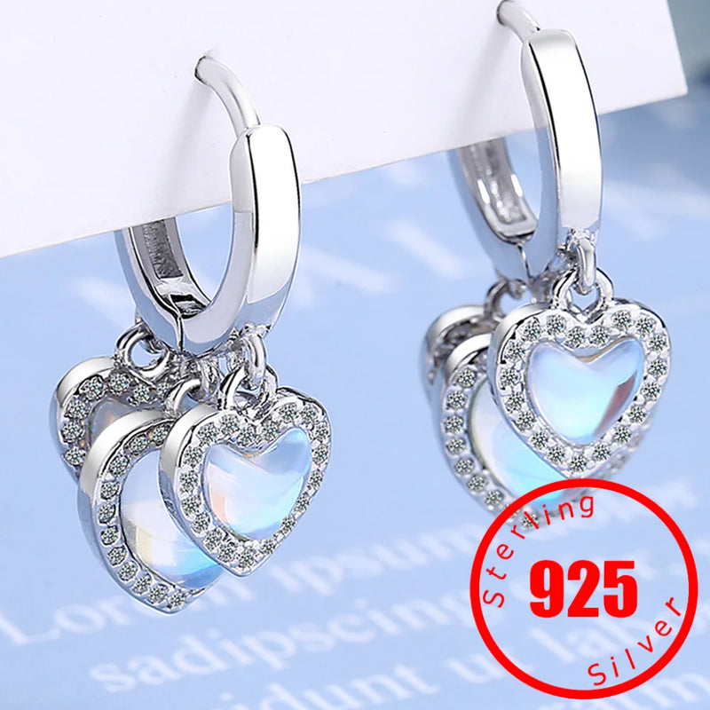 925 Silver Moonstone Heart Dangle Hoop Earrings for Women Girl