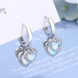 925 Silver Moonstone Heart Dangle Hoop Earrings for Women Girl