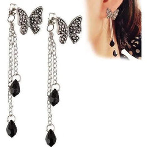 Crystal Butterfly Water Drop Tassel Long Earrings