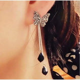 Crystal Butterfly Water Drop Tassel Long Earrings