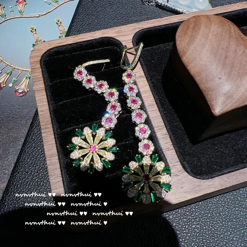 Sunflower Petal Tassel Earrings with Zircon Stones