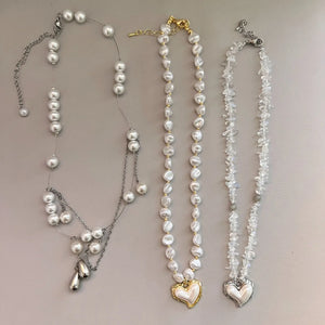 Love Heart Water Drop Pendant Necklace Pearl Beads Choker for Women