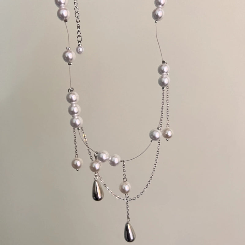 Love Heart Water Drop Pendant Necklace Pearl Beads Choker for Women