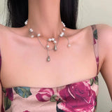 Love Heart Water Drop Pendant Necklace Pearl Beads Choker for Women