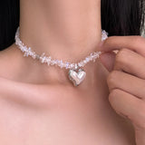 Love Heart Water Drop Pendant Necklace Pearl Beads Choker for Women