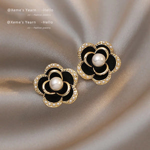 Elegant Pearl Camellia Flower Stud Earrings