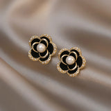 Elegant Pearl Camellia Flower Stud Earrings