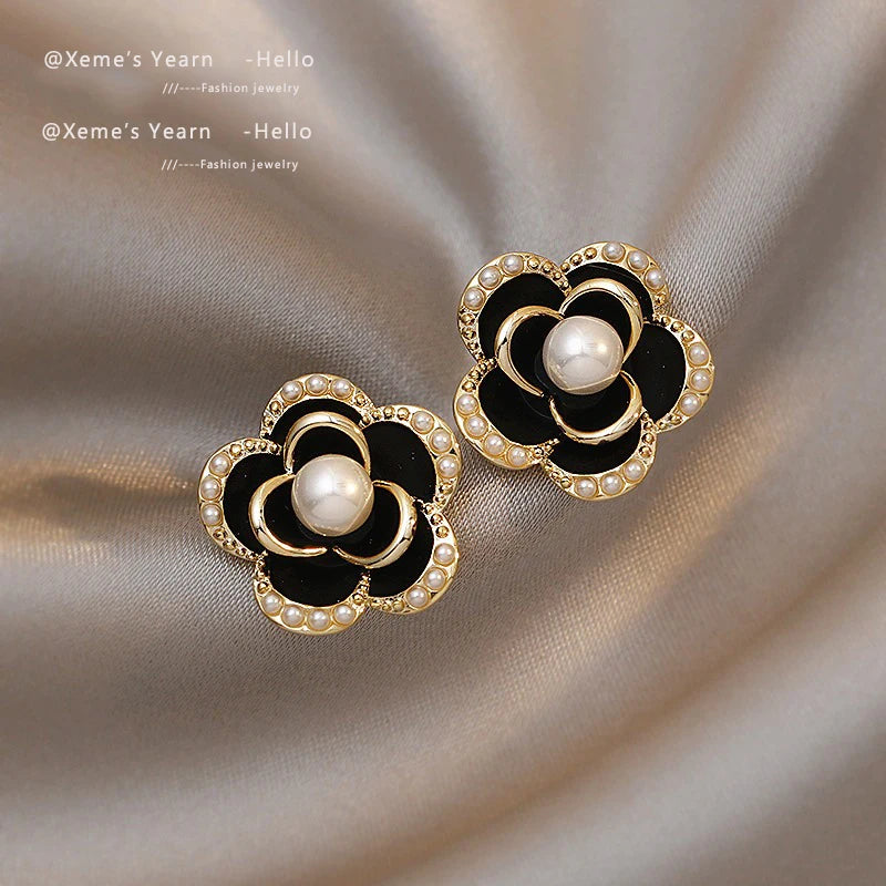 Elegant Pearl Camellia Flower Stud Earrings